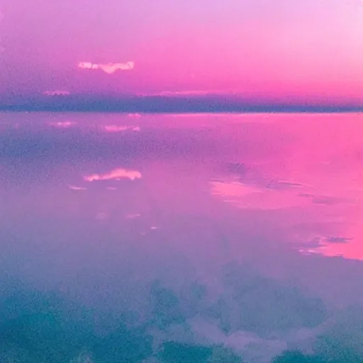 Image similar to dreamland surreal infinite rose colored sky with feathery blush colored clouds over a body of calm flat reflective pink water looking out to the horizon with no trees or land in sight