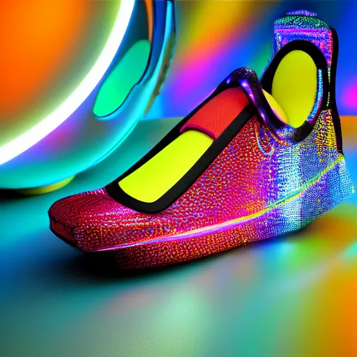 Image similar to futuristic cyber balenciaga sneakers, robot anatomy, highly detailed, 8 k, pbr, surreal, colorful, direct lighting, hyper realistic,