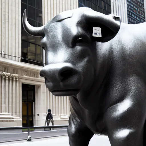 Image similar to photo of The Wall street bull shocked about the stock market crash, highly detailed