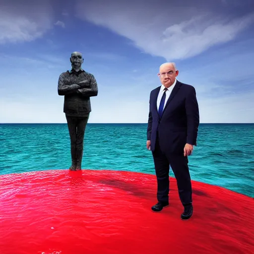 Prompt: a giant benjamin netanyahu sculpture made out of juicy red jelly on ocean surface, long shot, hyper detailed, hyper realistic, ray tracing, 8 k resolution, sharp focus, realistic water, award winning