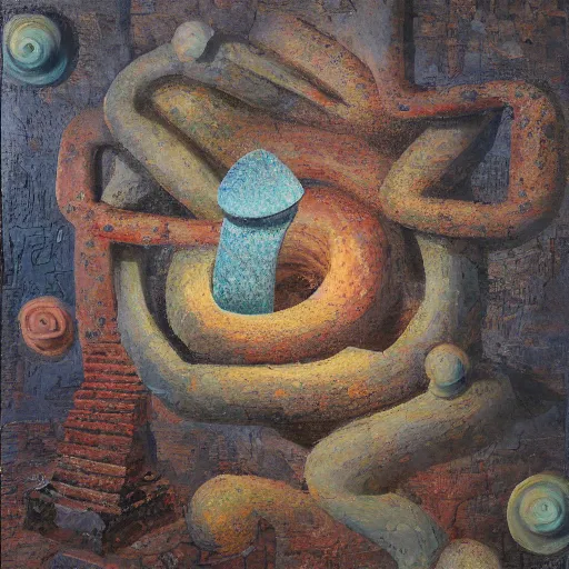 Image similar to a detailed, impasto painting by shaun tan and louise bourgeois of an abstract forgotten sculpture by ivan seal and the caretaker, weirdcore