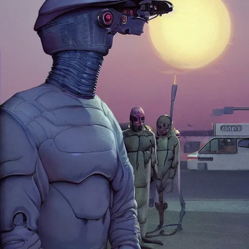 Image similar to unsettling, noble rubbery albino mutant with thin lips, huge eyes and suspicious expression, wearing science fiction police uniform by docks at sunset, by deak ferrand, wayne barlowe, simon stalenhag, and greg rutkowski