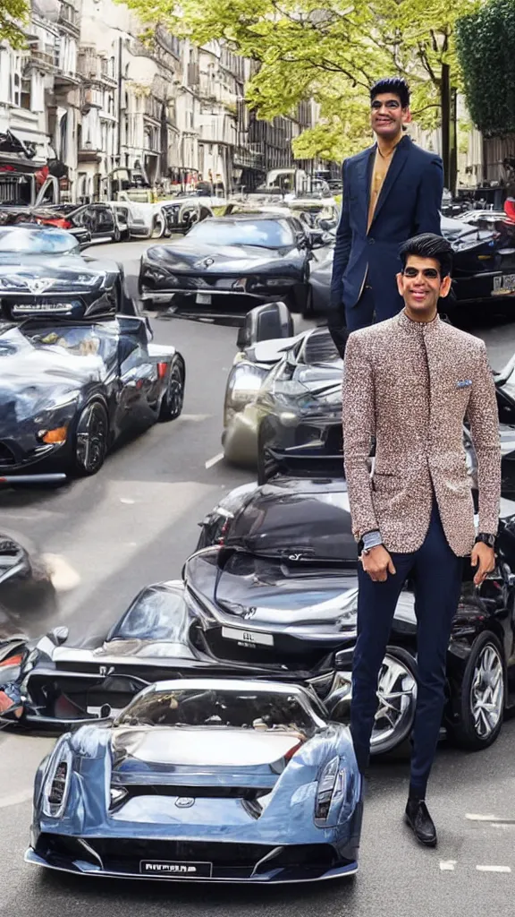 Image similar to rishi sunak completely blinged out, next to a sports car in mayfair