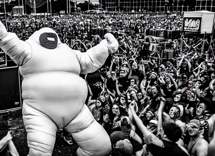 Image similar to photo still of the michelin man on stage at vans warped tour!!!!!!!! at age 3 8 years old 3 8 years of age!!!!!!! stage diving into the crowd, 8 k, 8 5 mm f 1. 8, studio lighting, rim light, right side key light