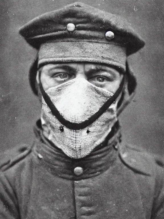 Image similar to portrait of man with extreme cold weather mask, ww1 photo, grainy, high detail, high resolution,