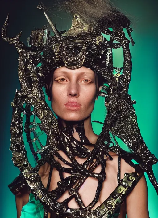 Image similar to a woman with iridescent skin, pirate weapons, by van herpen, iris