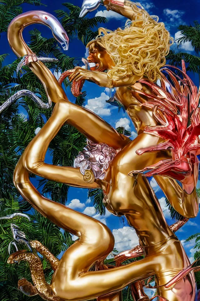 Image similar to an extreme close - up of a statue chrome cyborg lycra nymph with long flowing golden blonde hair wrestling with a giant flamingo, tropical flower plants, thick pigmented smoke, by jeff koons, hajime soryama, boris vallejo, artgerm, greg rutkowski, alphonse mucha