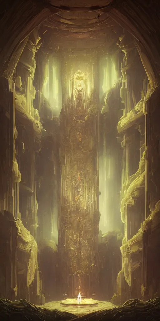 Image similar to Detailed Interior of the Jupiter gaseous throne room, curling gas, light shafts, glowing throne, stunning atmosphere, in Style of Peter Mohrbacher, cinematic lighting