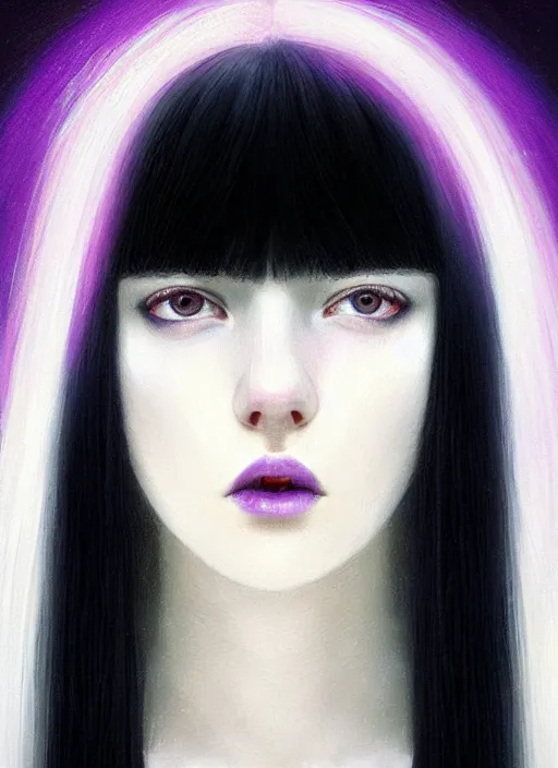 Image similar to hair whitebangs hair, black hair, whitebangs, portrait of teenage girl with white bangs, red irises, purple clothes, white bangs, bangs are different color from hair, intricate, elegant, glowing lights, highly detailed, digital painting, artstation, concept art, smooth, sharp focus, illustration, art by wlop, mars ravelo and greg rutkowski