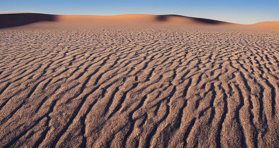 Prompt: the desert is cold that morning as the rough dirt transitions unnaturally to sand. as the light rises the edges of the dunes glow blueish, the sunlight twisted and refracted.