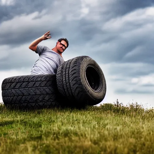 Image similar to A man in a tire rolling down a hill, Realism, Realistic, 8K