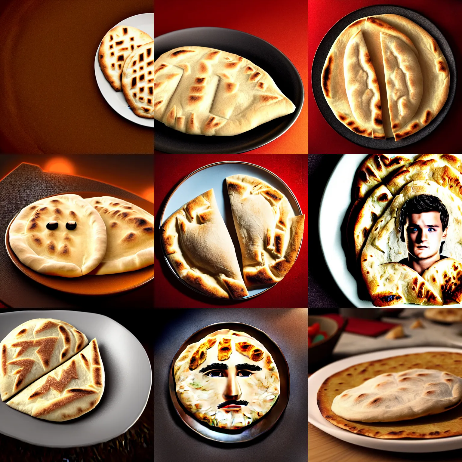 Prompt: a render of a pita bread on a plate that looks identical to the face of josh hutcherson, octane