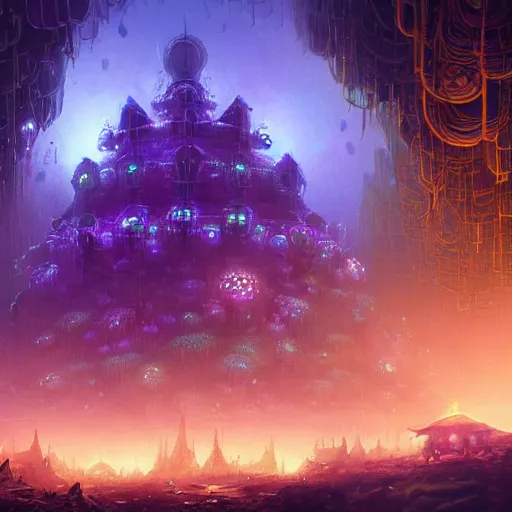 Prompt: concept art detailed painting of a dark purple fantasy fairytale fungal city made of mushrooms, with glowing blue lights, in the style of jordan grimmer and neil blevins and wayne barlowe