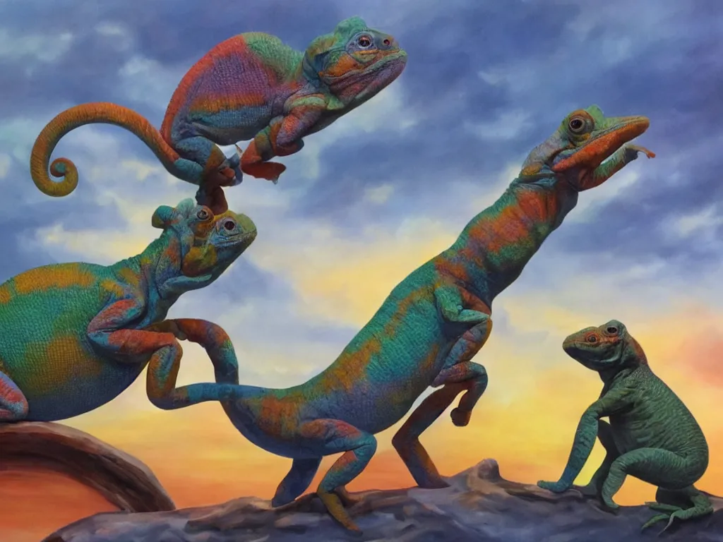 Prompt: Chameleon and tapir collaborating when crafting a lambda statue, cloudy sunset skies in the background. detailed art by Julie Bell