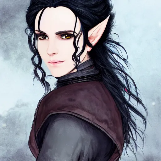 Image similar to yennefer as a medieval fantasy tolkien elf, dark purplish hair tucked behind ears, wearing leather with a fur lined collar, wide face, muscular build, scar across the nose, cinematic, character art, real life, 8 k, detailed.