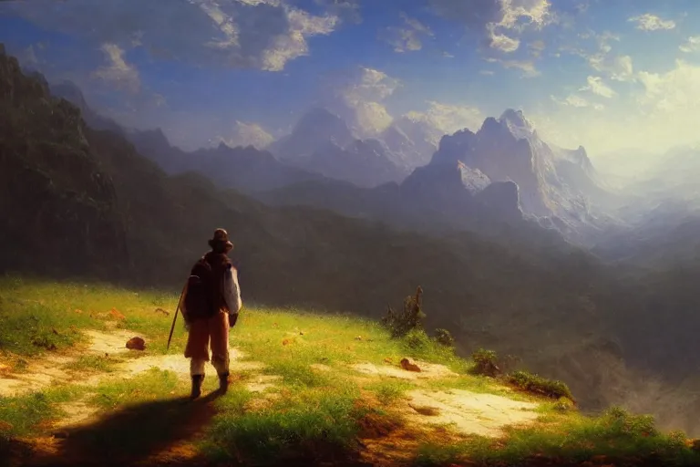 Image similar to a traveler wandering trough the mountains looking at the clouds, very detailed, oil painting, cinematic lighting, albert bierstadt, trending on artstation, colorful, canvas