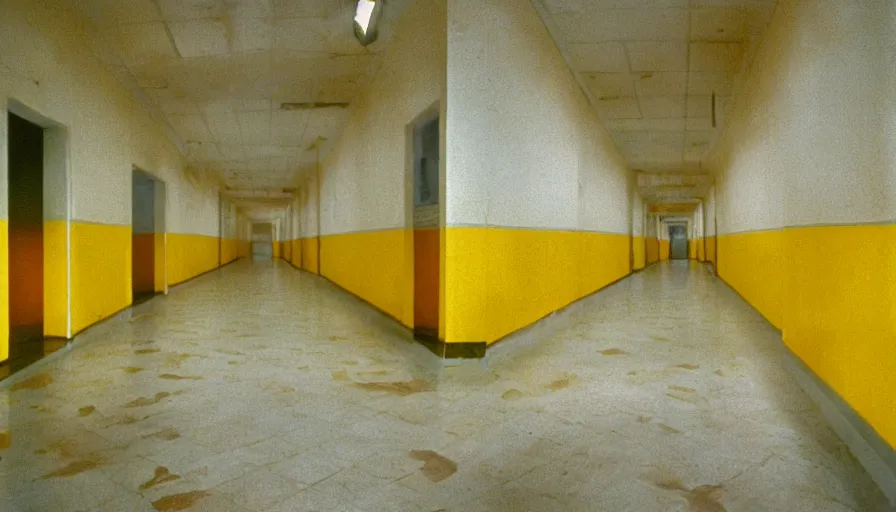 Image similar to 60s movie still of a sovietic stalinist style empty hallway with yellow tiles, cinestill 800t 50mm eastmancolor, liminal Space style, heavy grain