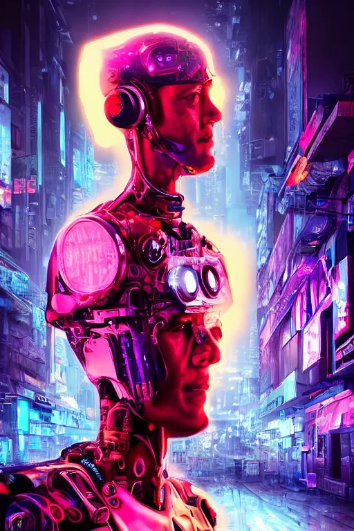 Prompt: hyperrealism portrait, digital art, wallpaper of a cyborg king in a cyberpunk city, diffused lighting, neon ambient lighting, by laura zalenga, 8 k dop dof hdr, vibrant