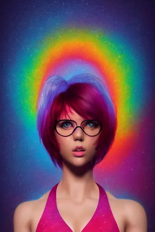 Image similar to beautiful full body portrait of a rainbow hair woman wearing a sparkling cherry color one piece swimsuit, pixie haircut wlop, artgerm, artstation, backlit, marble background