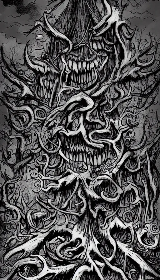 Image similar to a storm vortex made of many demonic eyes and teeth over a forest, from cryptid academia