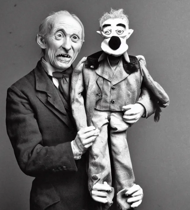 Image similar to hyper realistic old photography of lunatic mad ventriloquist old man with terrific haunted puppet