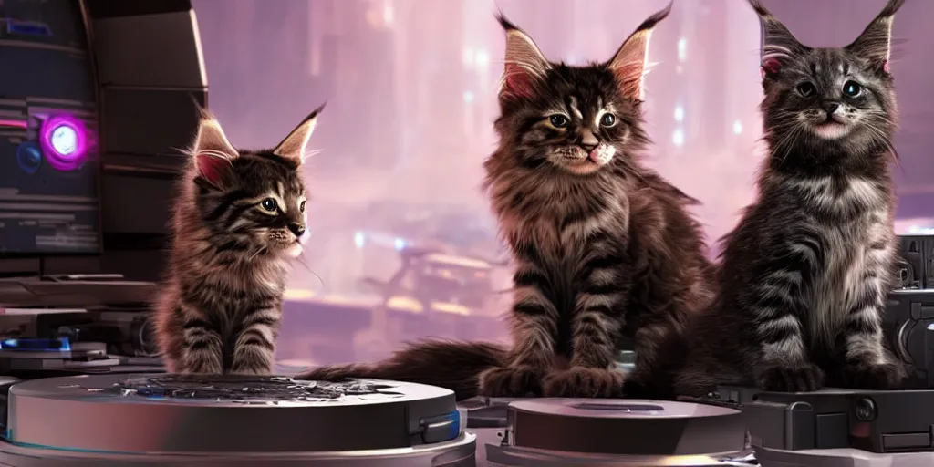 Image similar to a d rendered movie still a cute robotic kitten with rgb ambient lighting implants. the robot maine coon kitten. in the background is a cyberpunk cat tree with rgb dramatic lighting. science fiction blockbuster movie from the future, imax 7 0 mm. style of mandalorian ( american space western television series )