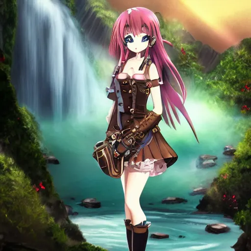 Prompt: anime girl with steampunk weapons and armor in a landscape, waterfall, river, grass, flowers, rocks, hill, extremely detailed, award - winning, anime, beautiful, calm,