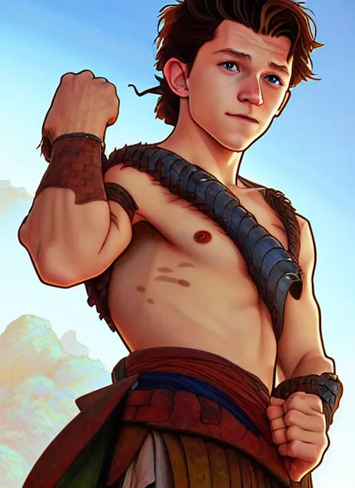 Prompt: cute tom holland wearing barbarian tunic, natural lighting, path traced, highly detailed, high quality, digital painting, by don bluth and ross tran and studio ghibli and alphonse mucha, artgerm