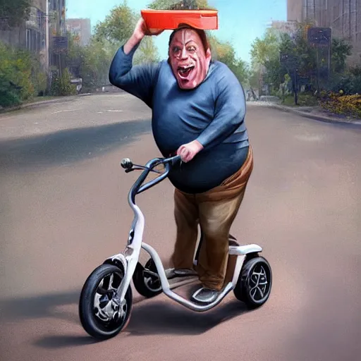 Image similar to hyper realistic absurd, silly, making faces, obese steve buscemi riding a tiny tricycle, painted by greg rutkowski, wlop, artgerm