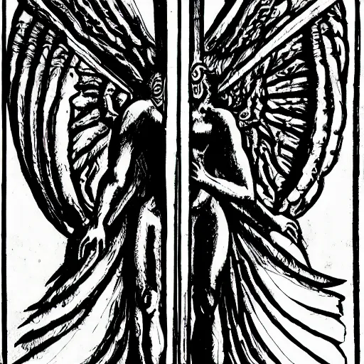 Prompt: left side demon, right side angel bisected vertically