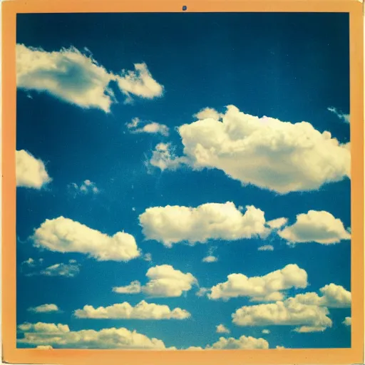 Prompt: camera pointed at the sky, bright blue sky, fluffy nice clouds, nostalgic album cover