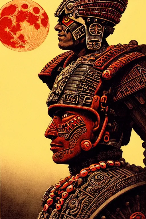 Image similar to aztec warrior, character portrait, portrait, close up, concept art, intricate details, highly detailed, blood moon background, soft light, vintage sci - fi poster, in the style of chris foss, rodger dean, moebius, michael whelan, and gustave dore