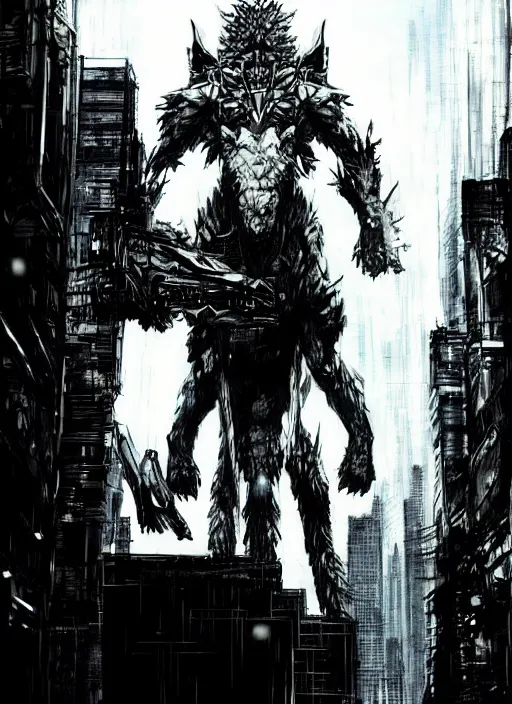 Prompt: Giant wolf towering over a city. In style of Yoji Shinkawa and Hyung-tae Kim, trending on ArtStation, dark fantasy, great composition, concept art, highly detailed, dynamic pose.