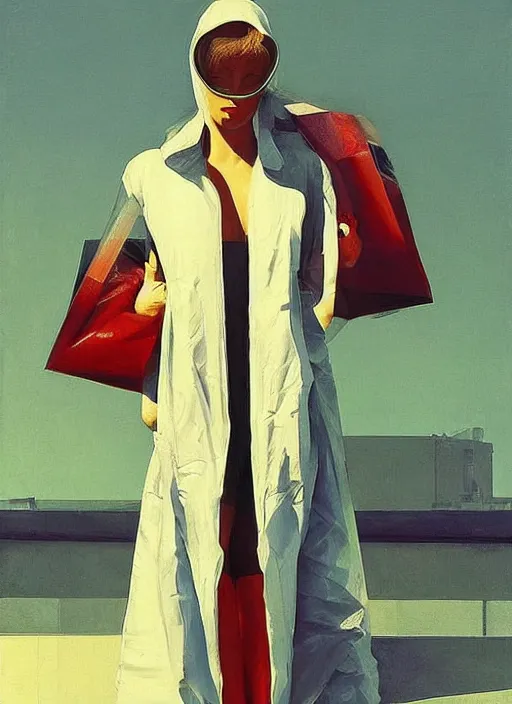 Image similar to beautiful cyberpunk woman in a translucent bomber jacket made from plastic bag with paper bags for clothes standing inside paper bags with paper bag over the head at store display Edward Hopper and James Gilleard, Zdzislaw Beksinski, highly detailed