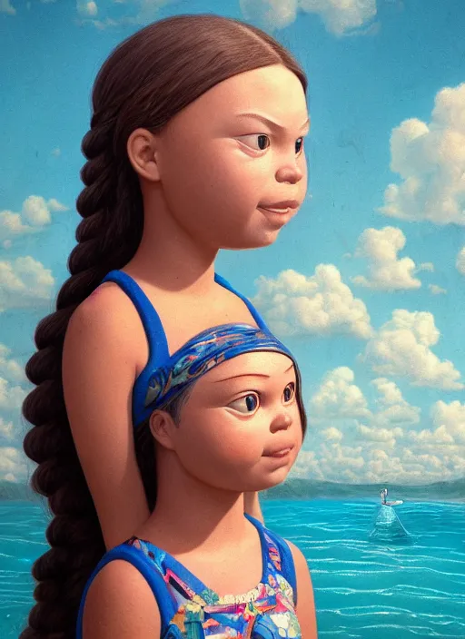 Prompt: closeup profile portrait of tin toy greta thunberg wearing a bikini, depth of field, zeiss lens, detailed, symmetrical, centered, fashion photoshoot, by nicoletta ceccoli, mark ryden, lostfish, breathtaking, 8 k resolution, extremely detailed, beautiful, establishing shot, artistic, hyperrealistic, octane render