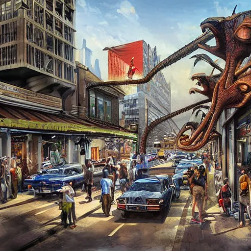 Prompt: tiranasaur tirex in modern city, hyperrealistic, style of james gurney