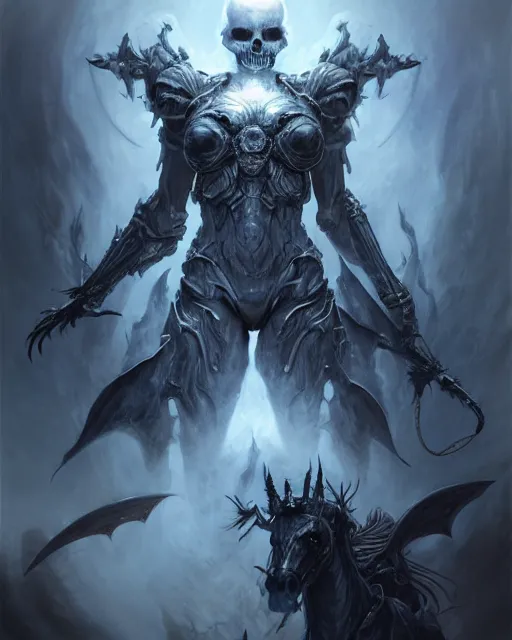 Prompt: concept art by artgerm, death of the four horsemen of the apocalypse, soft blue and grey natural light, intricate, i robot queen of death, highly detailed dark art, digital painting, artstation, concept art, smooth, sharp focus, illustration, art by greg rutkowski and luis rollo and uang guangjian and gil elvgren, symmetry!