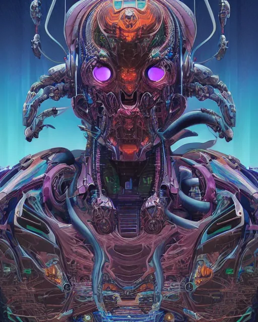 Prompt: a stunning portrait of the cyber mecha demon, digital art by dan mumford and peter mohrbacher and wayne barlowe, intricate detail, trending on artstationhq