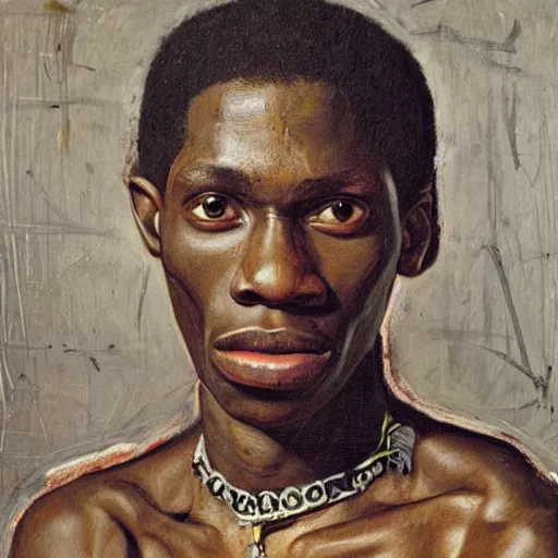 Prompt: A 14th century african renaissance oil painting of Jerma985, portrait of Jerma985, grainy, realistic, very realistic, hyperrealistic, highly detailed, very detailed, extremely detailed, very neat, very epic, very cool, detailed, trending on artstation, made by Jean-Michel Basquiat and Henry Taylor, no crop