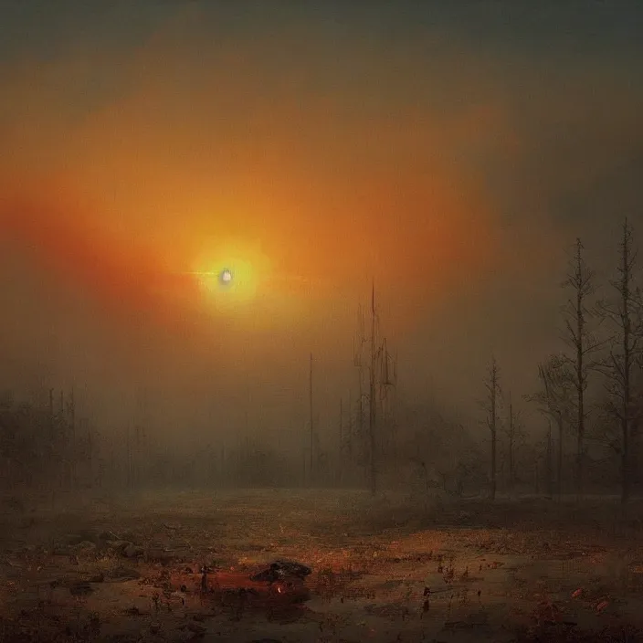 Prompt: a beautiful painting of chernobyl sunset by ivan aivazovsky and zdzisław beksinski and rene magritte and greg rutkowski and james gurney, in style of digital art. hyper detailed, sharp focus, soft light. octane render. maya. ray tracing. trending on artstation