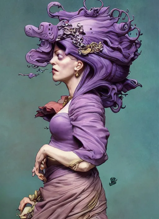 Image similar to mad madam mim, ugly! warts! purple smoke in motion, floating pieces, painted art by tsuyoshi nagano, greg rutkowski, artgerm, alphonse mucha, spike painting