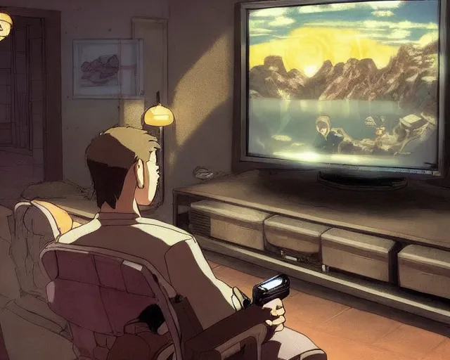 Image similar to beautiful art by studio ghibli of my friend mark kidd playing fallout new vegas on the xbox 3 6 0 in his dark living room. he is illuminated by the glow of the tv. cinematic composition, anime.