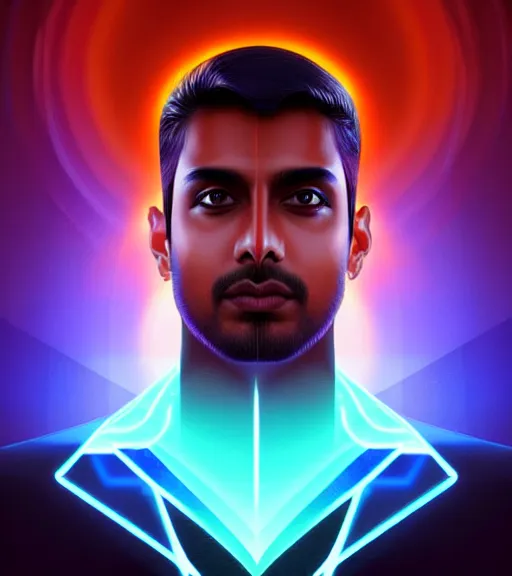 Image similar to symmetry!! indian prince of technology, solid cube of light, hard edges, product render retro - futuristic poster scifi, lasers and neon circuits, brown skin handsome indian prince, intricate, elegant, highly detailed, digital painting, artstation, concept art, smooth, sharp focus, illustration, dreamlike, art by artgerm