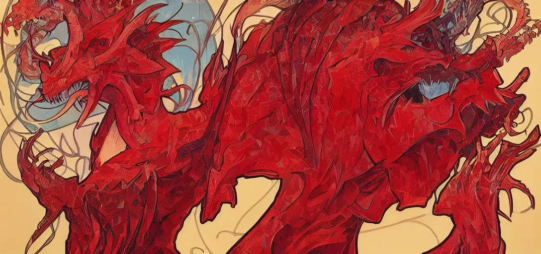 Prompt: portrait anthropomorphic dragon wearing red clothes the graphic style of Patrick Gleason, alphonse mucha detailed art, trending on Artstation, sharp focus, comic art