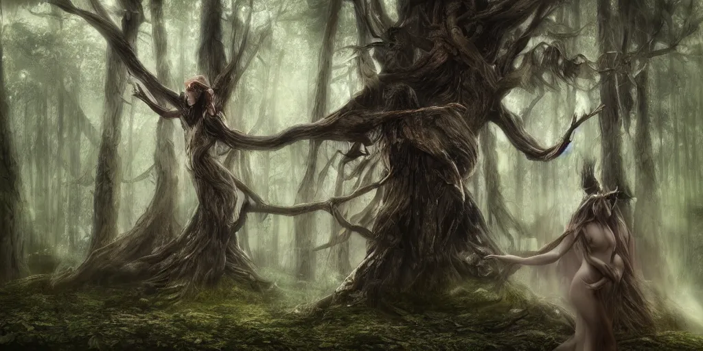 Image similar to a wood spirit in the trees with will o the wisp, photorealistic, by wlop, 4 k resolution h 7 6 8