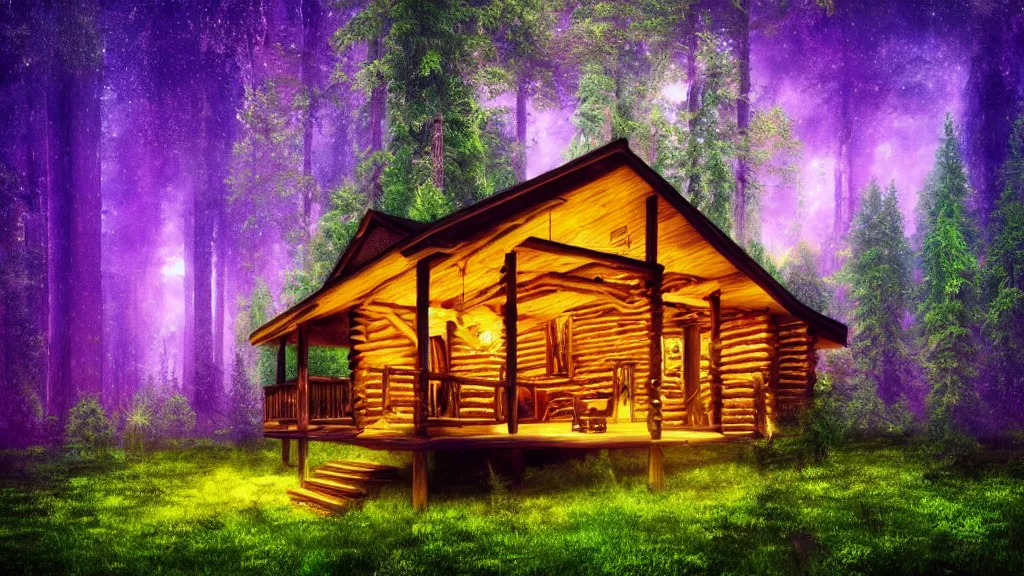 Image similar to portrait of an ethereal log cabin made of golden purple and green light, evergreen forest, divine, cyberspace, mysterious, dark high-contrast concept art