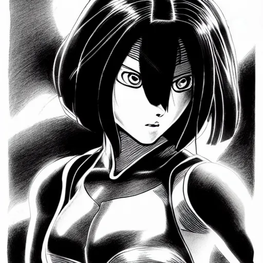 Image similar to alita by yukito kishiro. medium shot. black and white manga. pencil drawing.