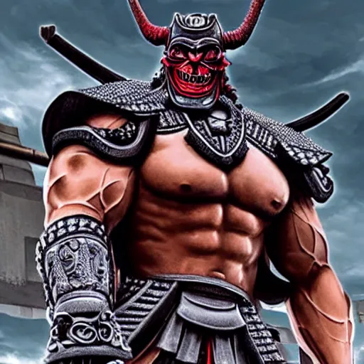 Image similar to very big very buff very strong samurai wearing a scary cyber oni mask, movie still