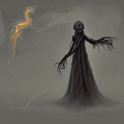 Image similar to concept designs for an ethereal ghostly wraith like figure made from wispy billowing smoke and sparks of electricity with a squid like parasite latched onto its head and long tentacle arms that flow lazily but gracefully at its sides like a cloak while it floats around a frozen rocky tundra in the snow searching for lost souls and that hides amongst the shadows in the trees, this character has hydrokinesis and electrokinesis for the resident evil village video game franchise with inspiration from the franchise Bloodborne and the mind flayer from stranger things on netflix in the style of a marvel comic