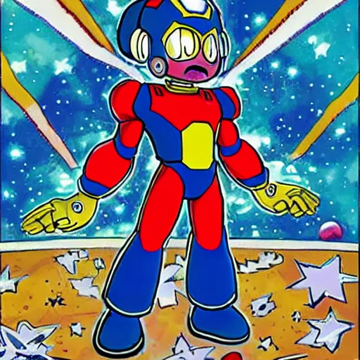 Image similar to galaxyman in the style of hirohiko araki, mm 9, megaman boss